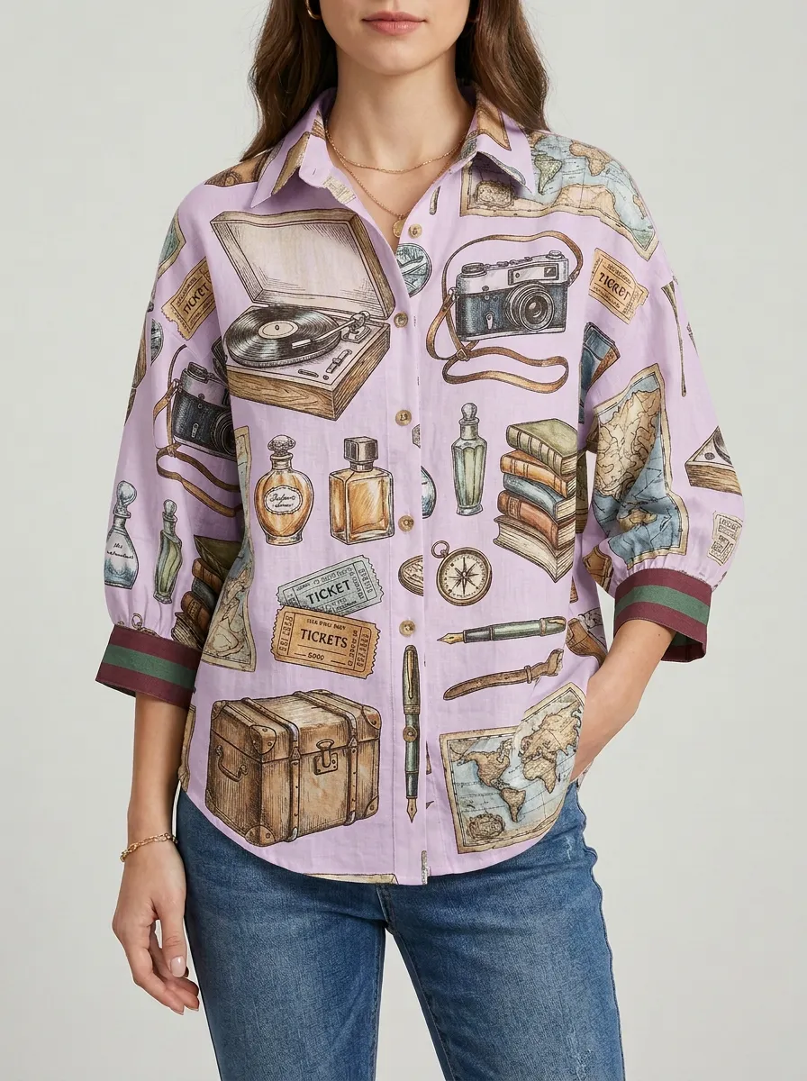 Women's Vintage Travel Map Camera Graphic Shirt