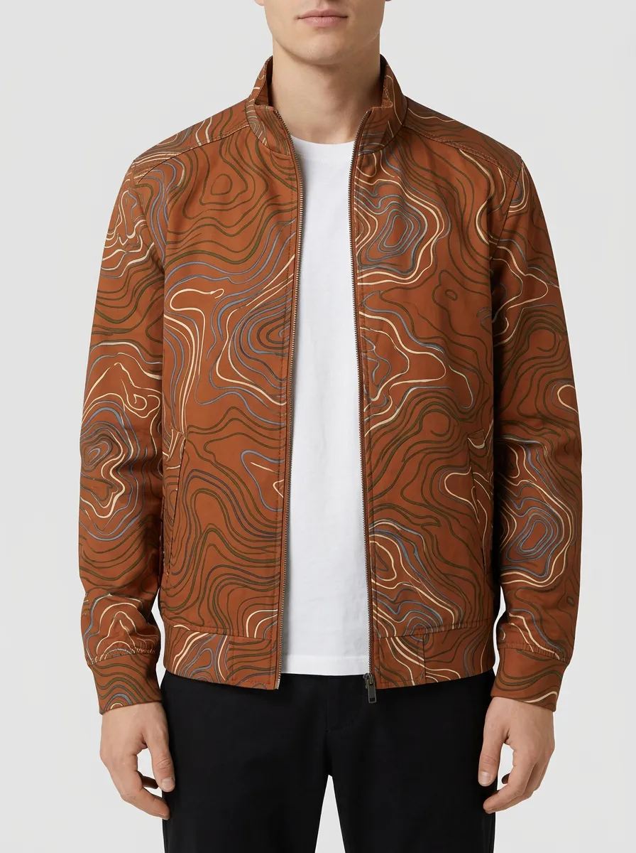 Topographic Print Stand Collar Bomber Jacket