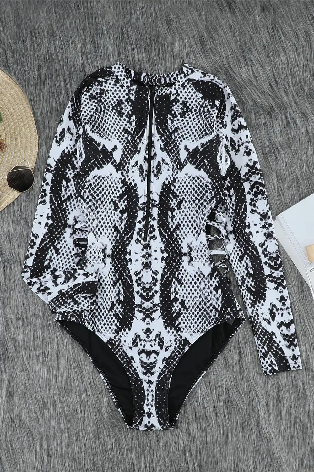 Leopard Print Zip Front Printed Long Sleeve One Piece Swimsuit Swimwear