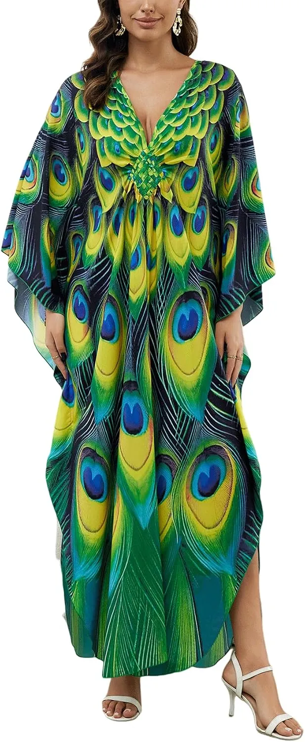 KECVOT Kaftan Dresses for Women Plus Size Batwing Sleeve Caftans Long Bathing Suit Cover Up Maxi Beach Dress Loungewear