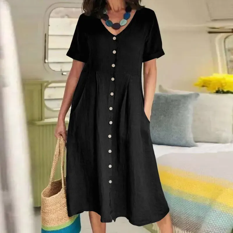 V-Neck Short Sleeve Linen Blend Midi Dress
