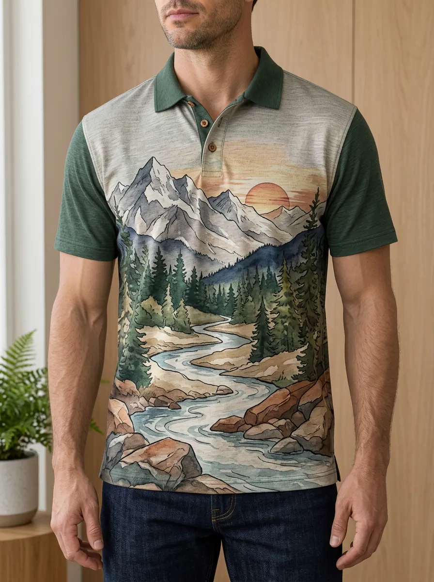 Men's Nature Lover Mountain River Sunset Printed Polo Shirt Everyday Casual Style