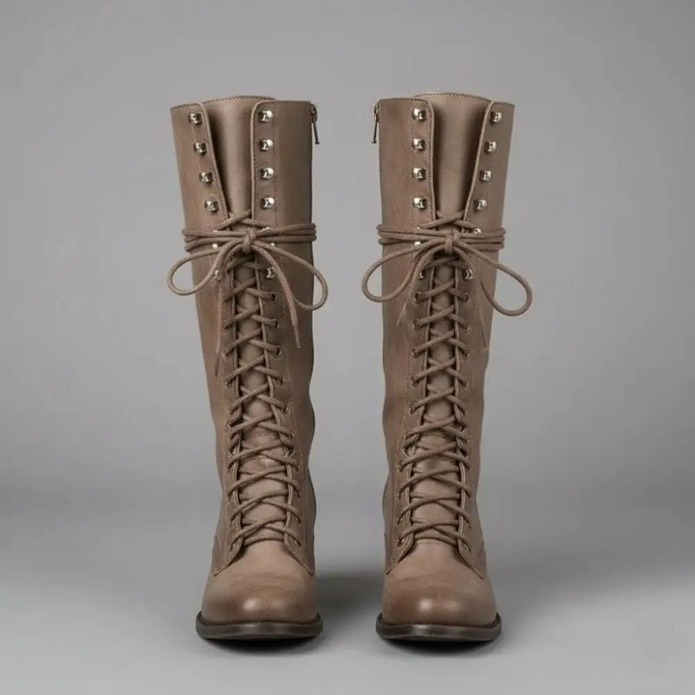 Lace Up Knee Tall Boots Block Heel Modern Tall Combat Boots