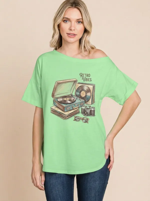Women's Music-Inspired Retro Vibes Vinyl Record Camera Printed T-Shirt