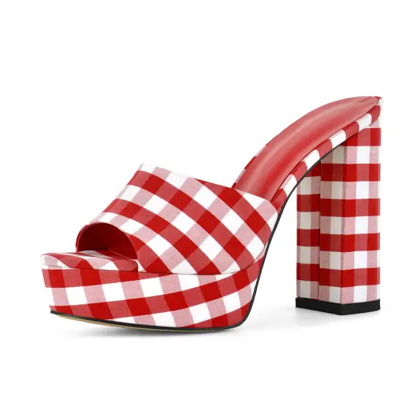 Round Toe Platform Plaid Chunky Heel Mule Sandals