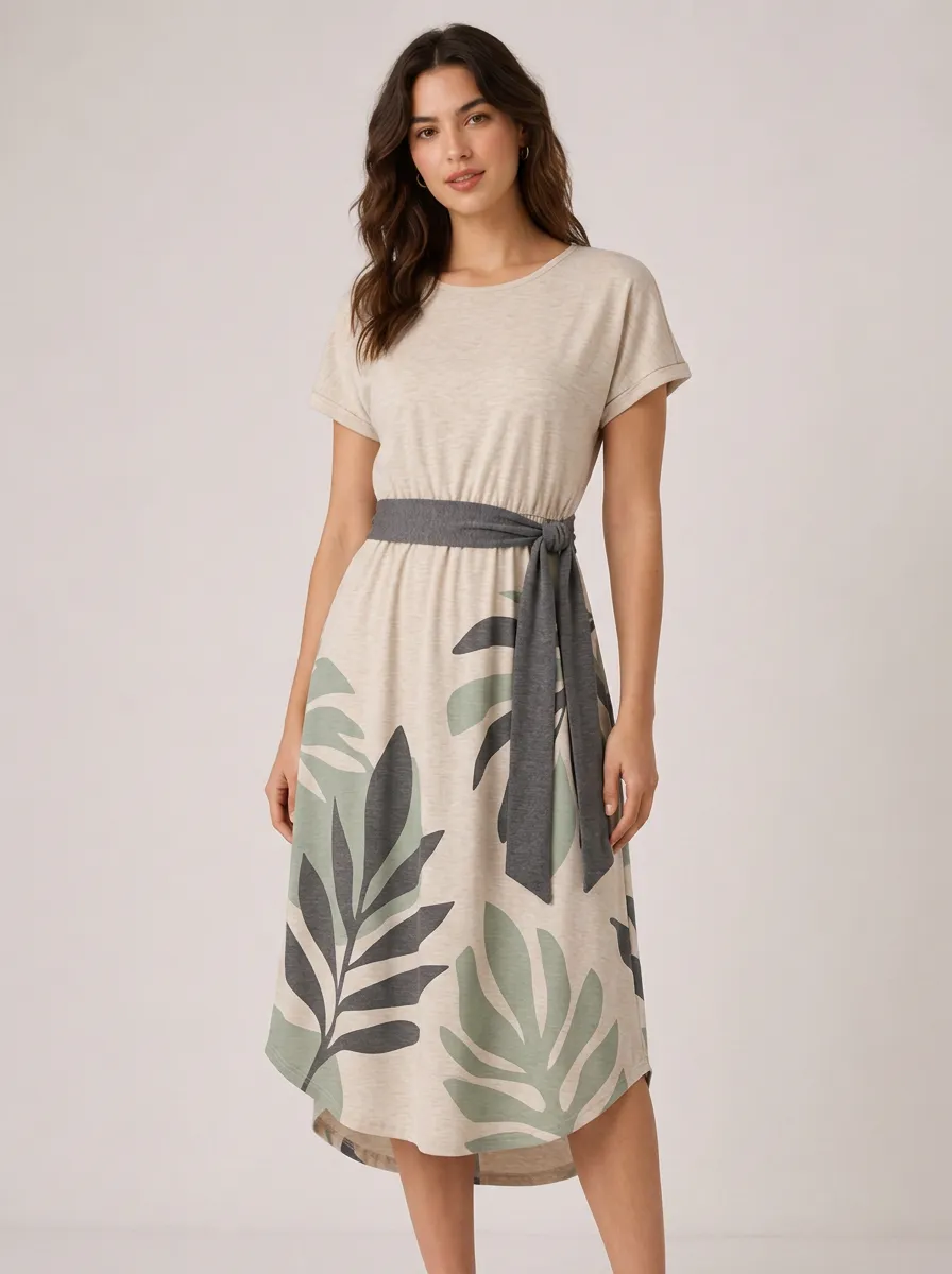 Women's Tropical Botanical Leaf Printed Belted Midi Dress