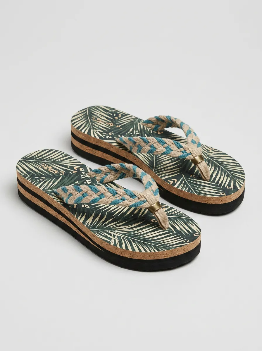 Women's Tropical Beach Palm Leaf Printed Platform Flip Flops