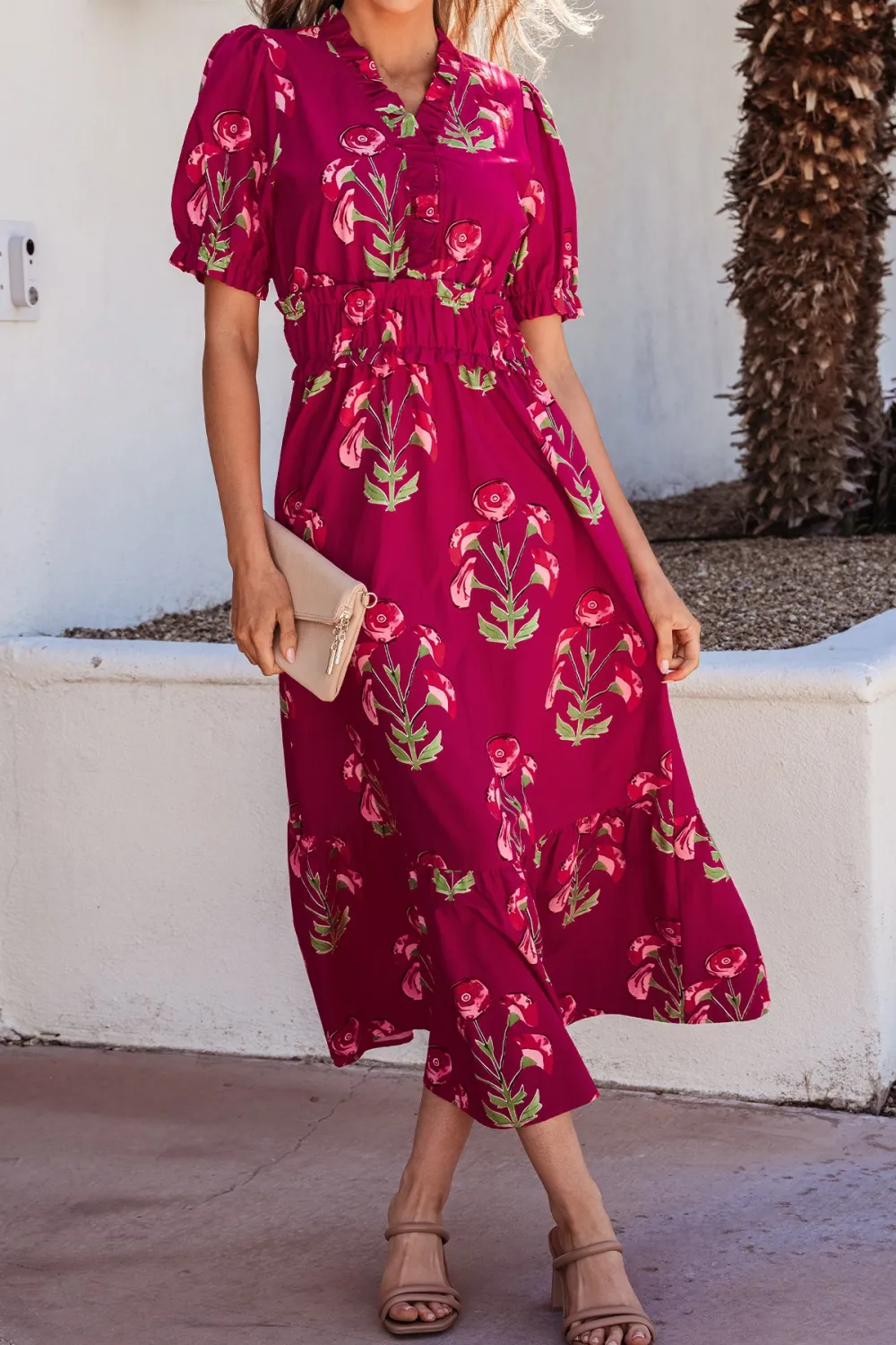 Floral Print Frilled V Neck Short Sleeve Ruffle Maxi Dress