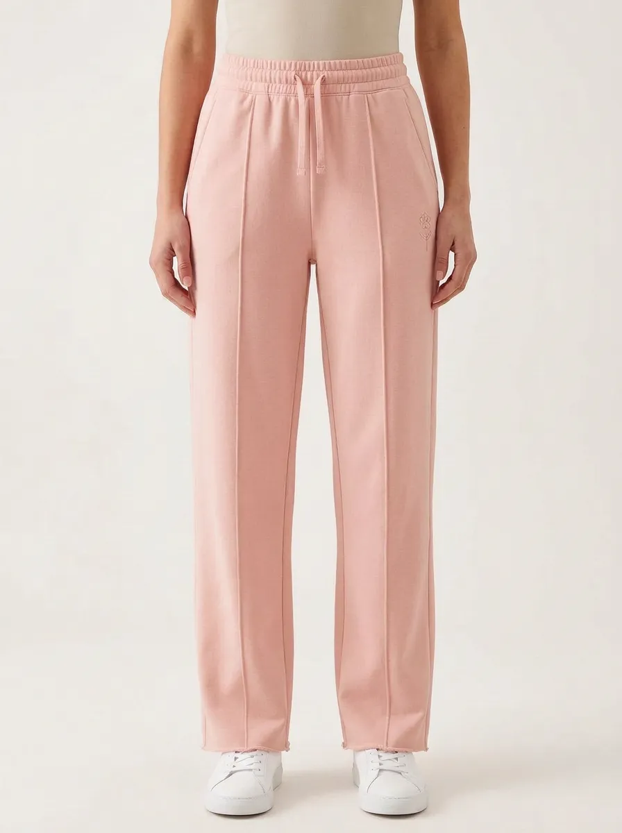 Women's Minimalist Beige Small Flower Embroidered Jogger Pants