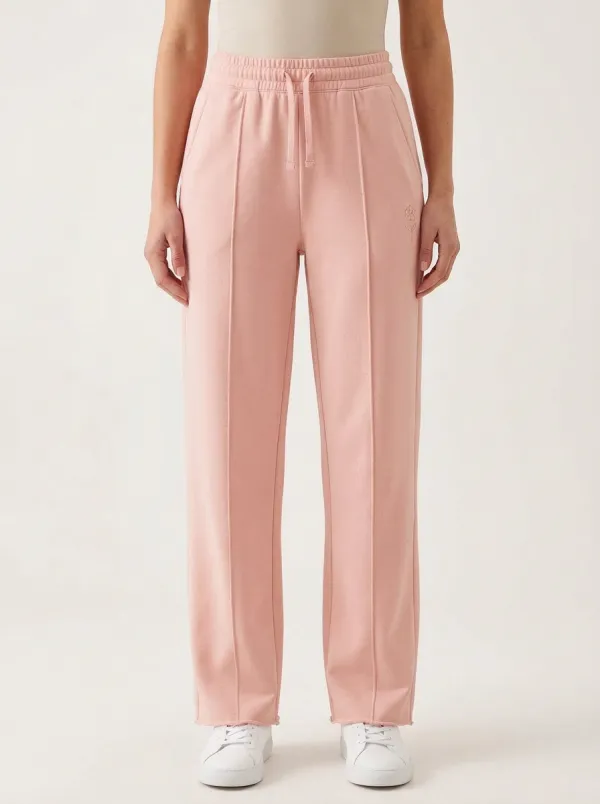 Women's Minimalist Beige Small Flower Embroidered Jogger Pants