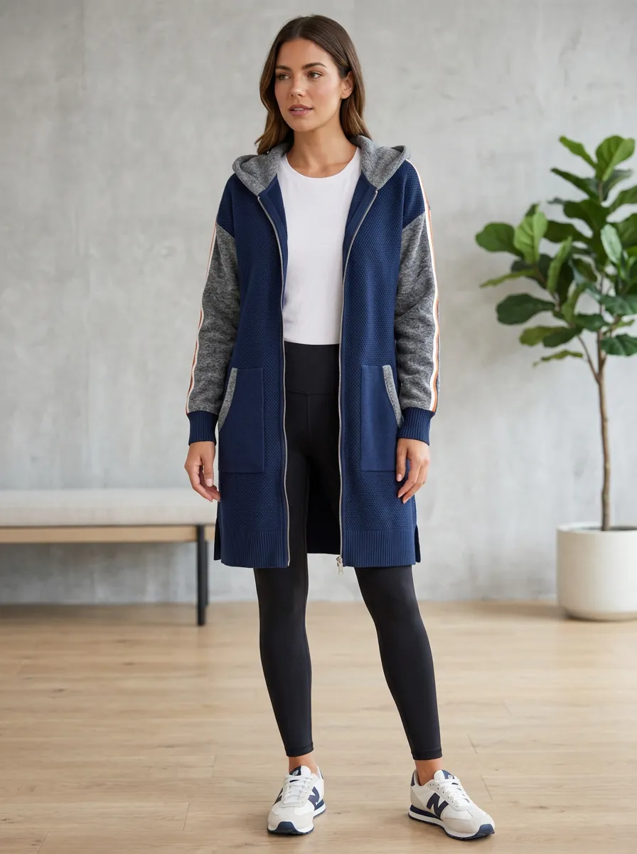 Women's Colorblock Hooded Longline Zip-up Cardigan