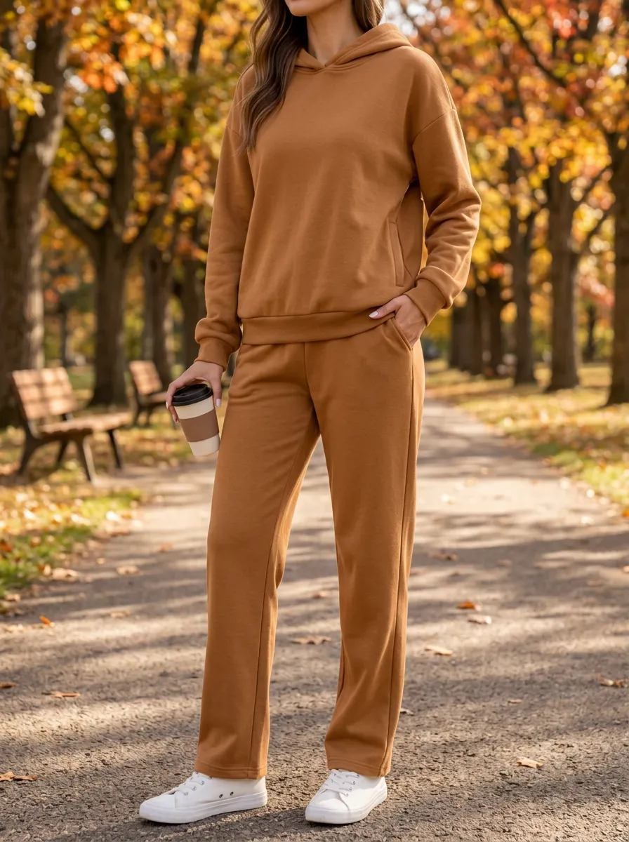 Women's Autumn Casual Solid Brown Long Sleeve Hoodie Straight Pants Set
