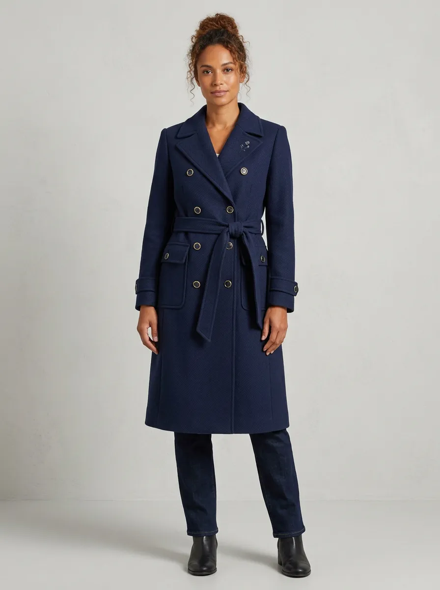 Women's Navy Double-Breasted Belted Wool Trench Coat