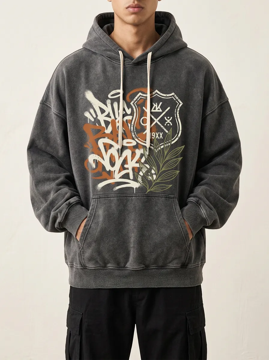 Unisex Streetwear Graffiti Shield Leaf Hoodie