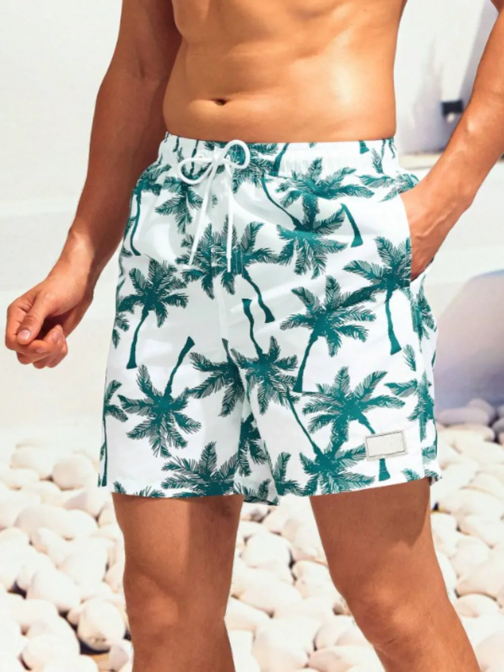 Men's Coconut Tree Print Drawstring Swim Trunks