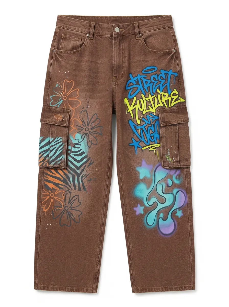Men's Streetwear Graffiti Floral Contemporary Graphic Cargo Jeans