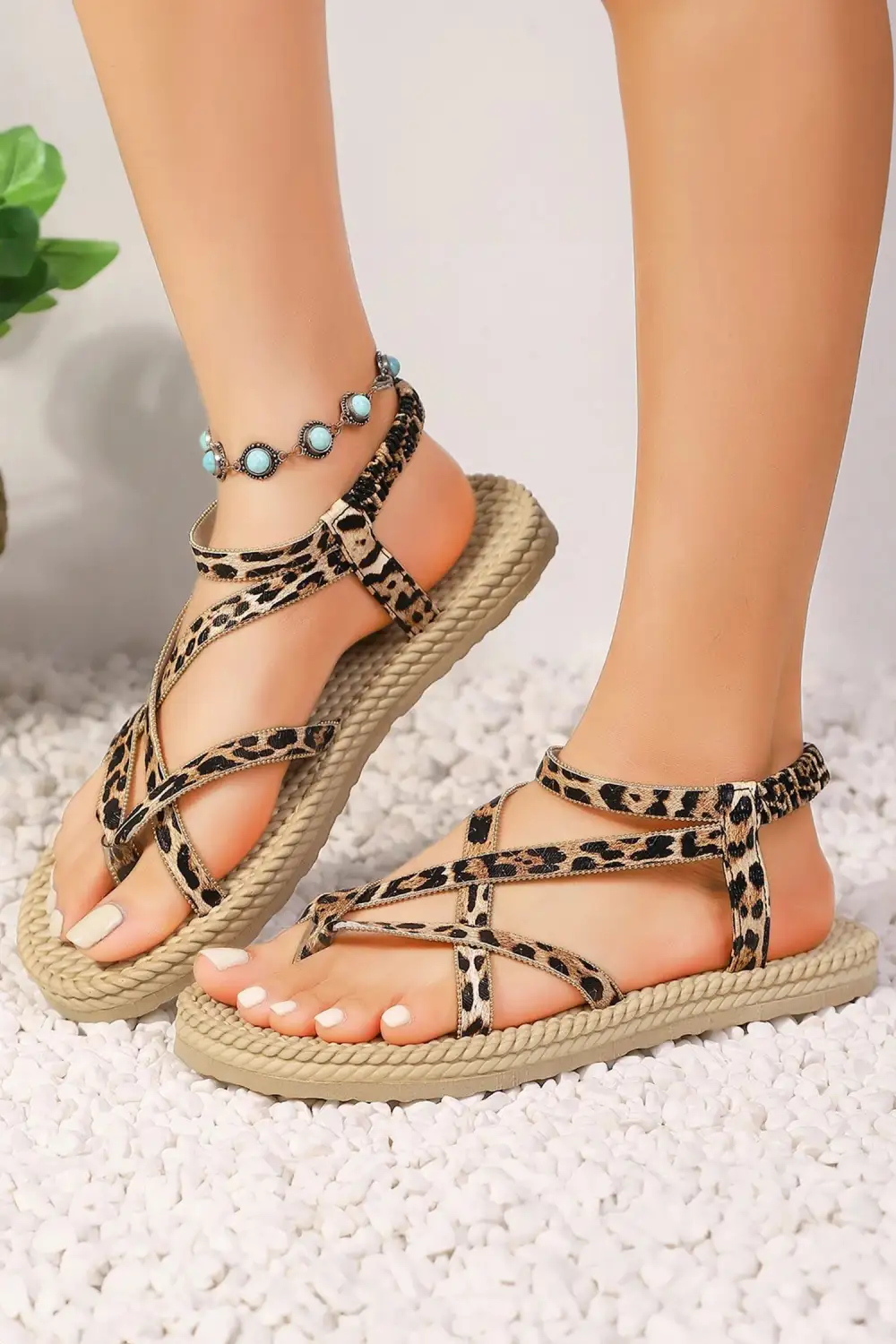 Boho Leopard Caged Strappy Flat Sandals