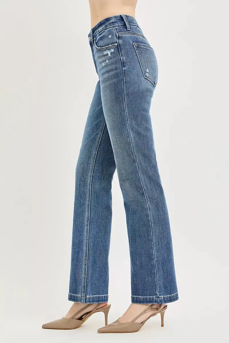 Mid Rise Pintuck Straight Leg Jeans
