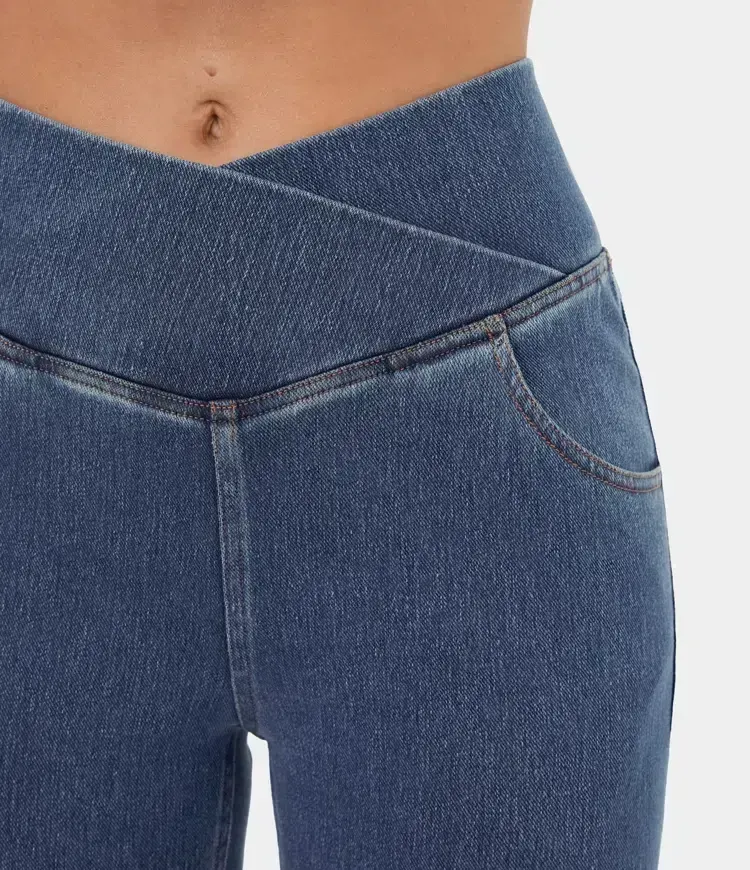 High Waisted Crossover Pocket Washed Stretchy Knit Denim Casual Super Flare Pants