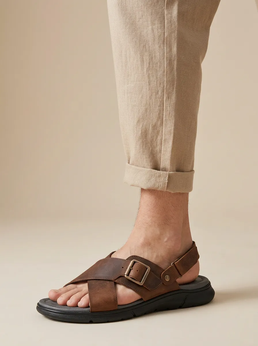 Men's Casual Summer Brown Leather Buckle Strap Sandals