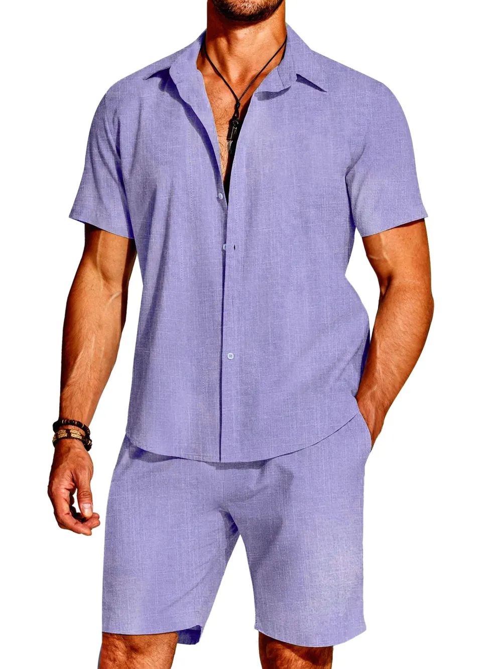 Linen Blend Short Sleeve Shirt Set