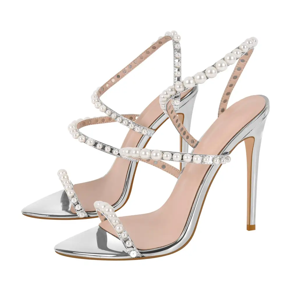 Pointed Toe Pearl Strap Stiletto Sandals