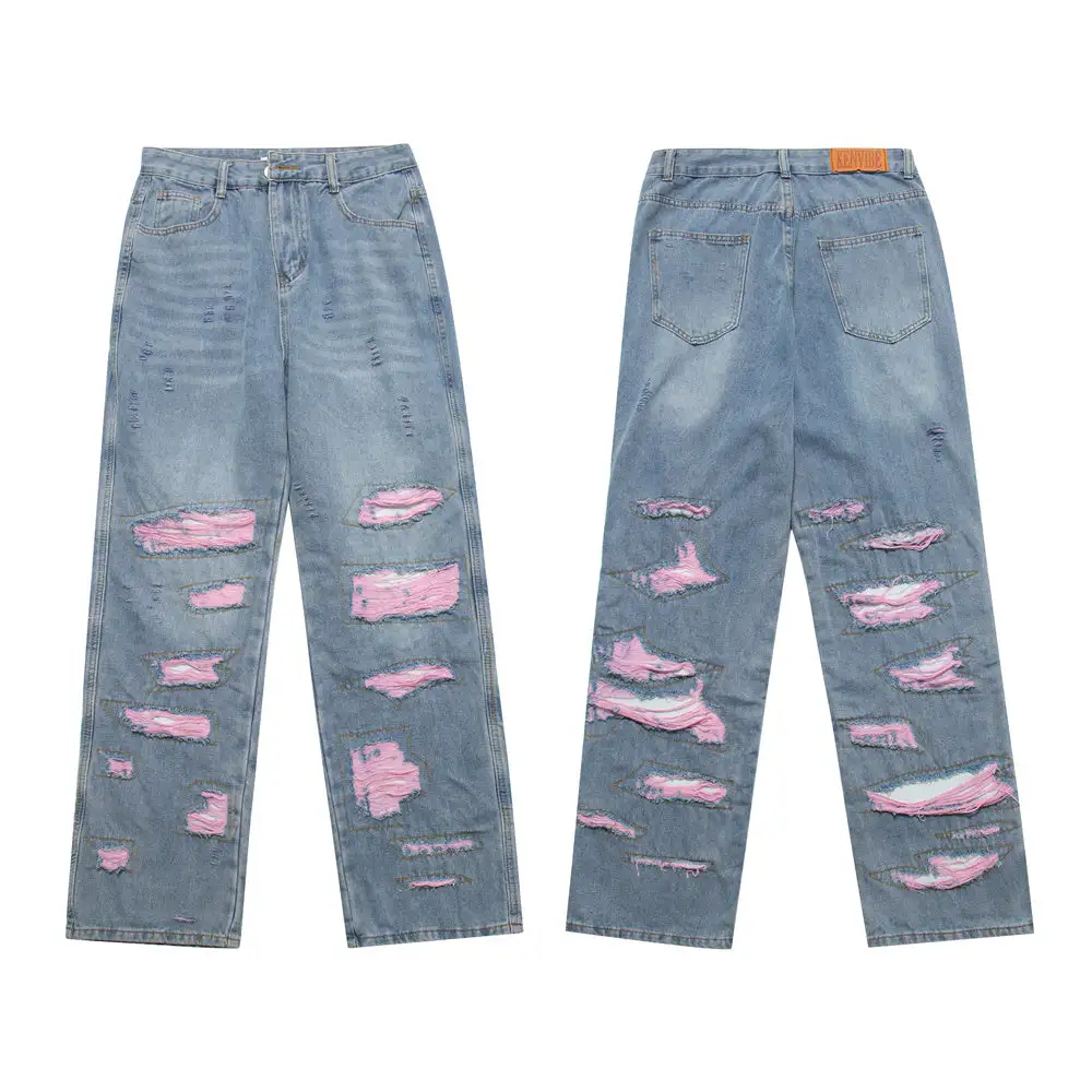 Patchwork Ripped Wide-Leg Jeans