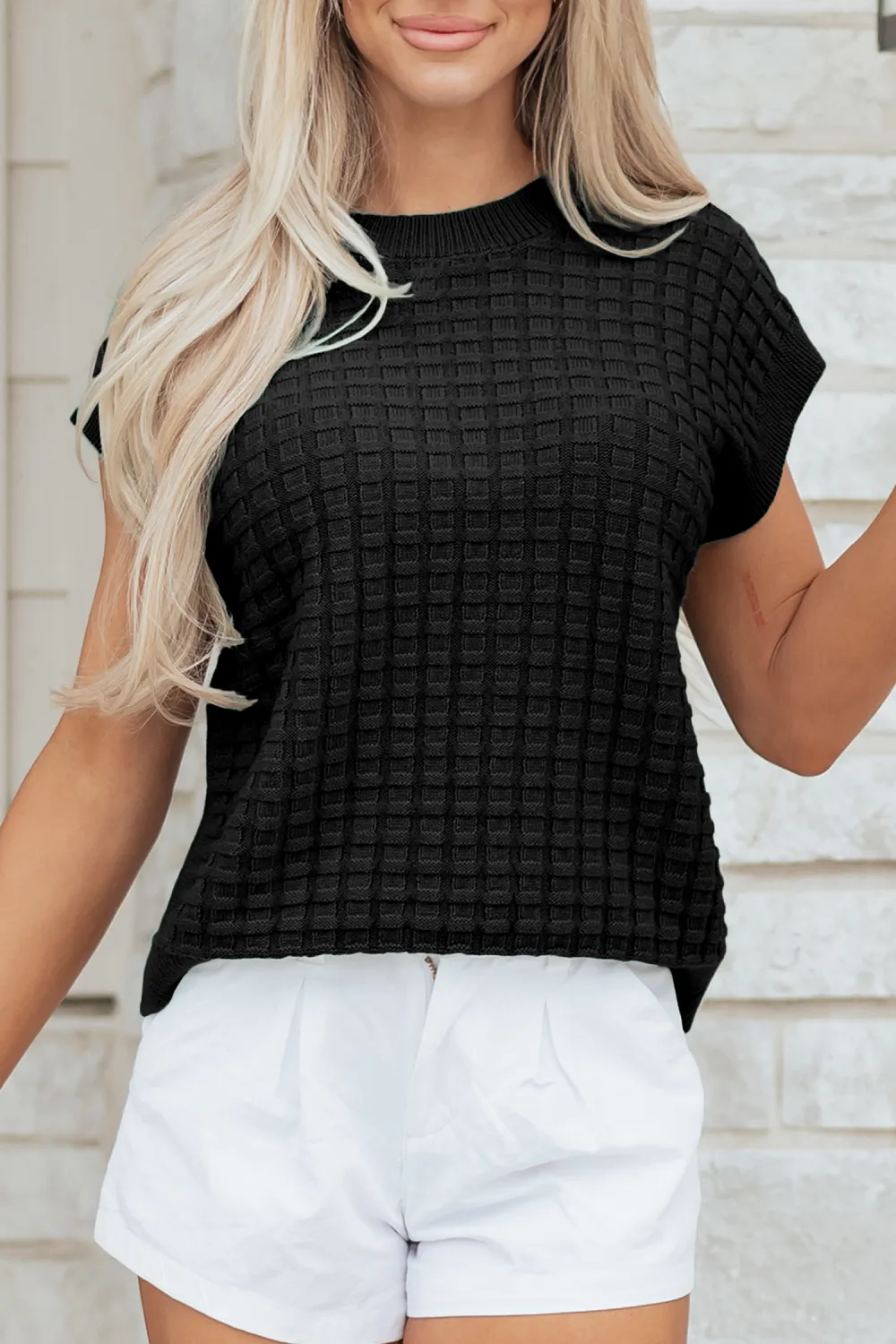 Black Round Neck Textured Short Sleeve Top