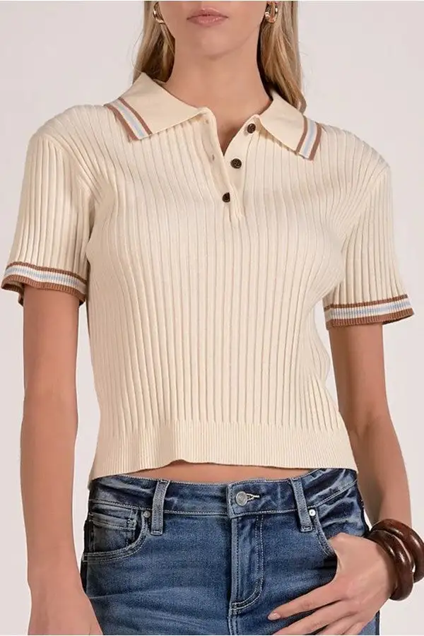 Beige Ribbed Knit Polo Short Sleeve Top