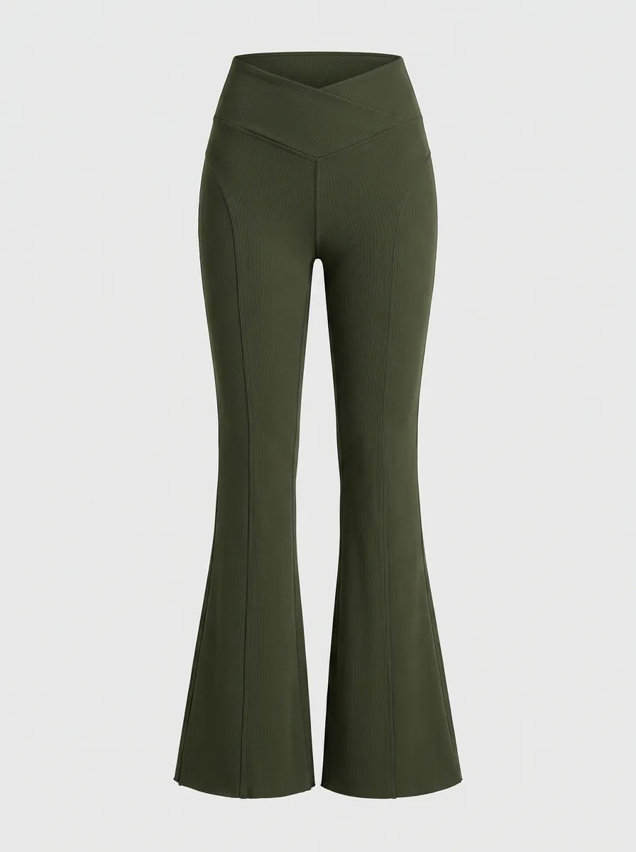Women's Yoga Fitness Olive Green V-Waist Ribbed Flare Pants