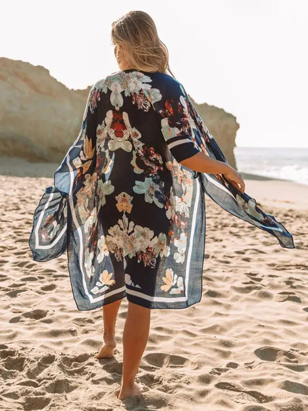 Mid Length Slit Chiffon Printed Sunscreen Swimsuit