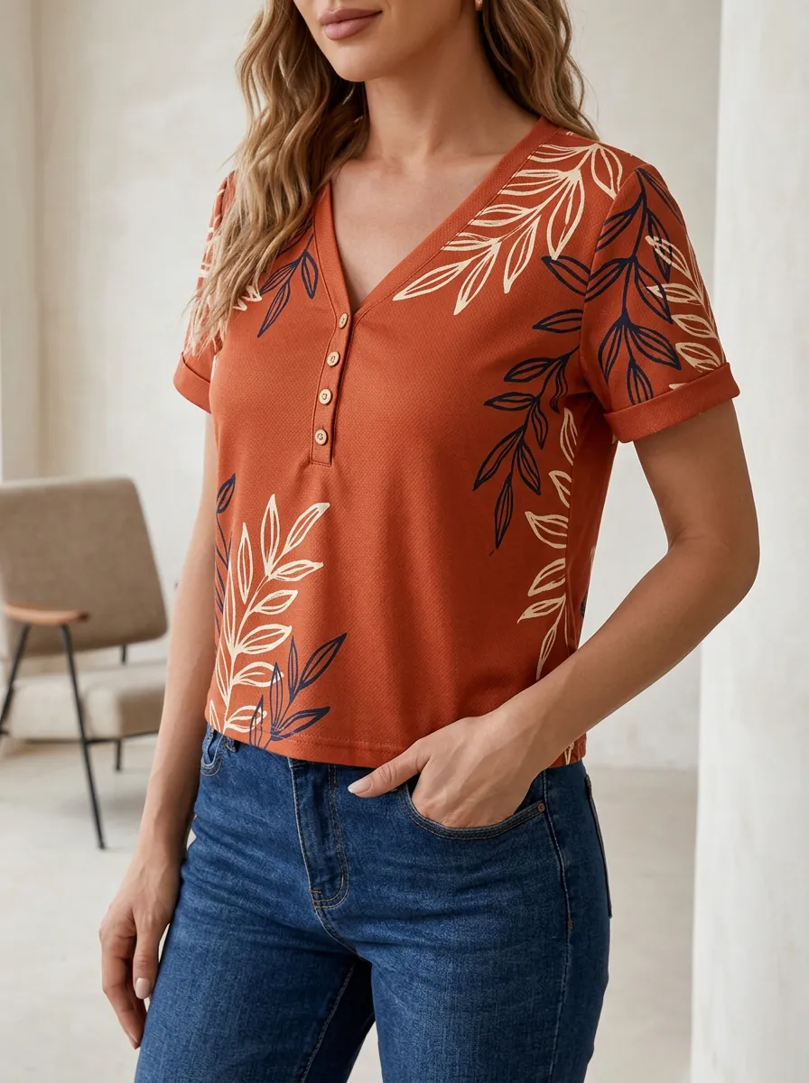 Women's Botanical Leaf Print Buttoned Henley Top