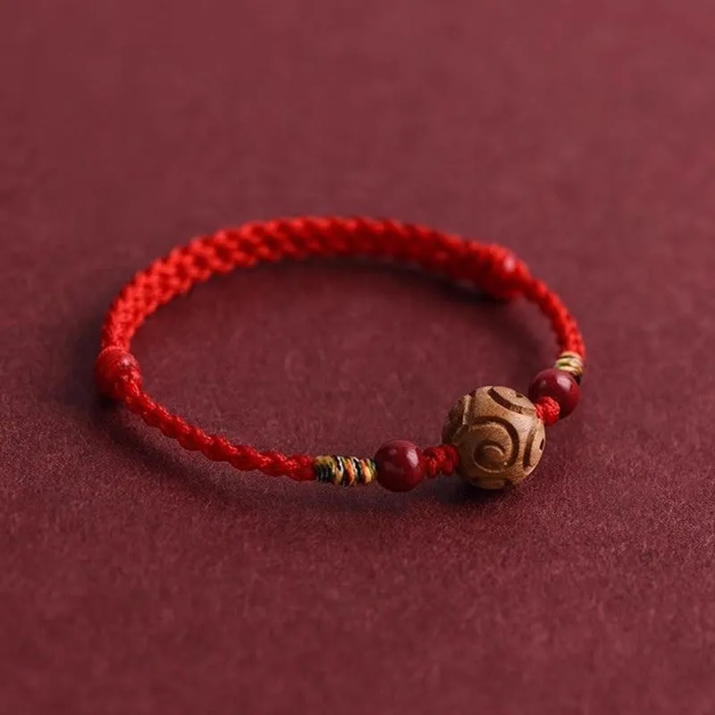 Carved Pattern Natural Peach Wood Rope Bracelet
