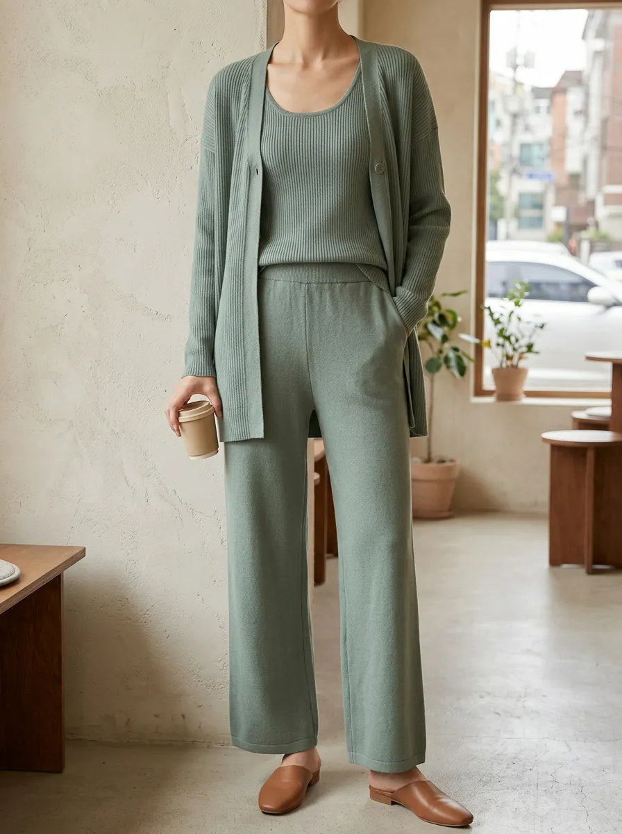 Women's Understated Ribbed Knit Cardigan And Pants With Tank Top Three Piece Outfit