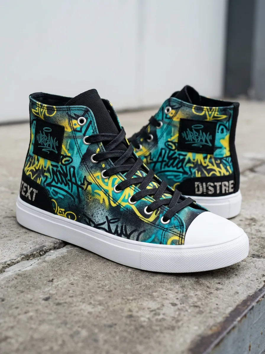 Men's Urban Graffiti Streetwear Teal Yellow Printed Canvas Shoes