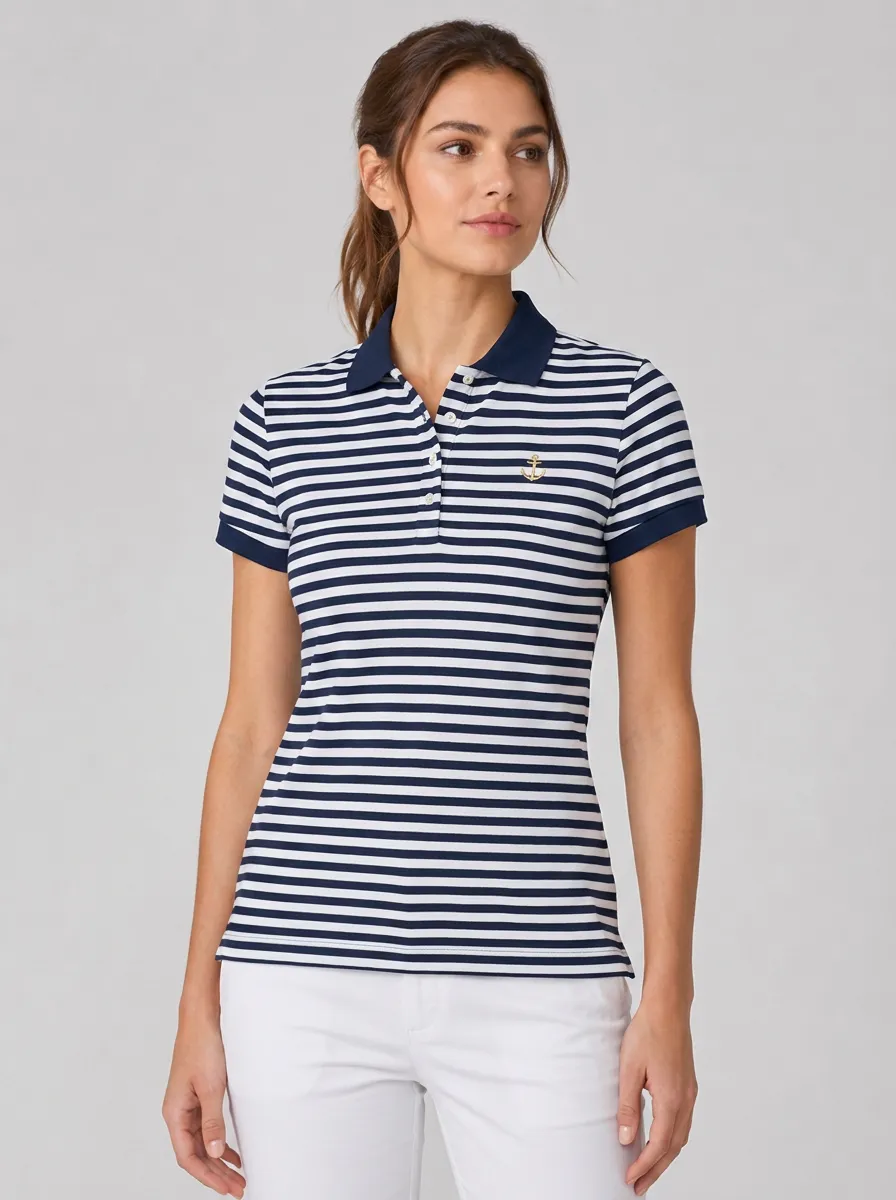 Women's Equestrian Lover Anchor Striped Printed and Striped Anchor Polo Shirt
