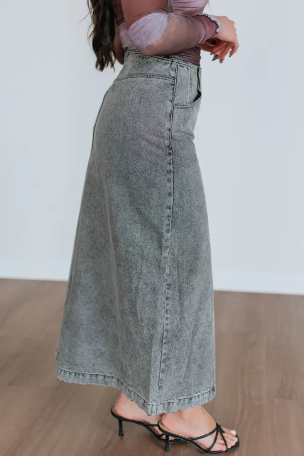 Denim Faux Leather Cotton Midi Skirt