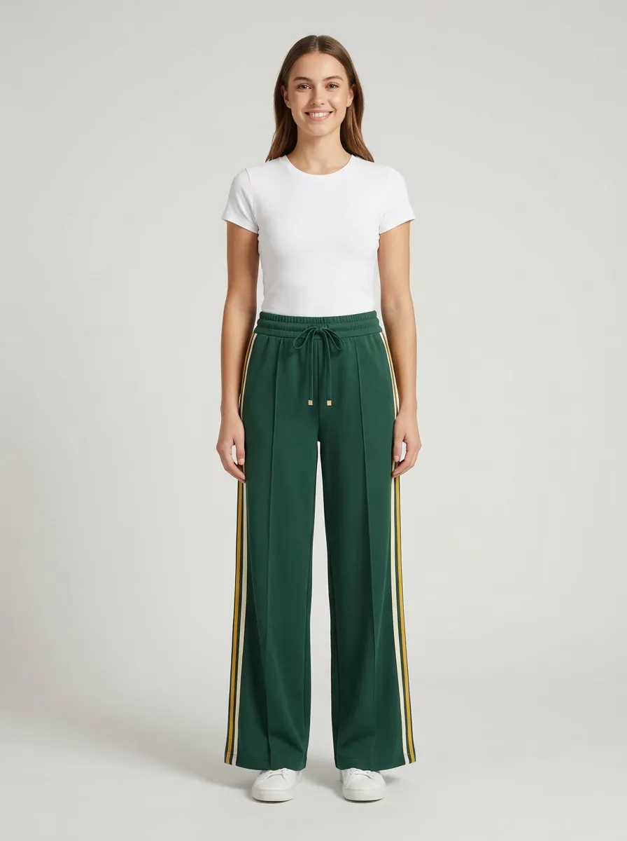 Women's Mid-Rise Metal-Tip Drawstring Pintuck Wide-Leg Track Pants