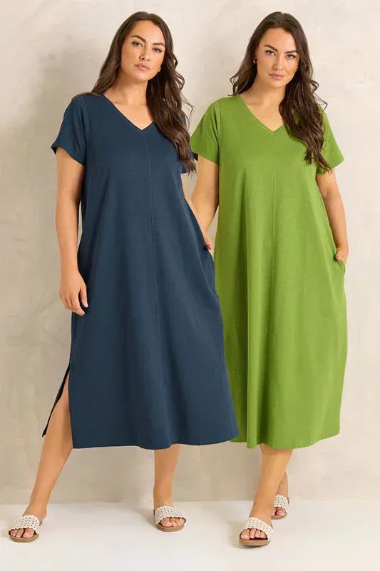 ESSENTIAL Curve 2 Pack Green & Navy Blue Cotton Dresses