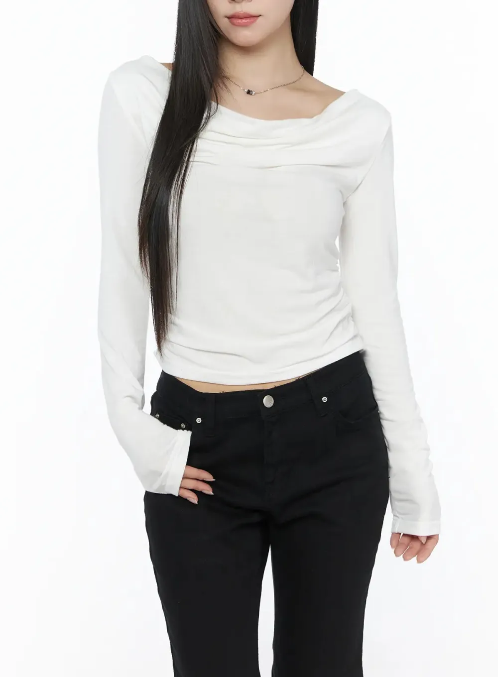 Draped Off-The-Shoulder Long Sleeve Top