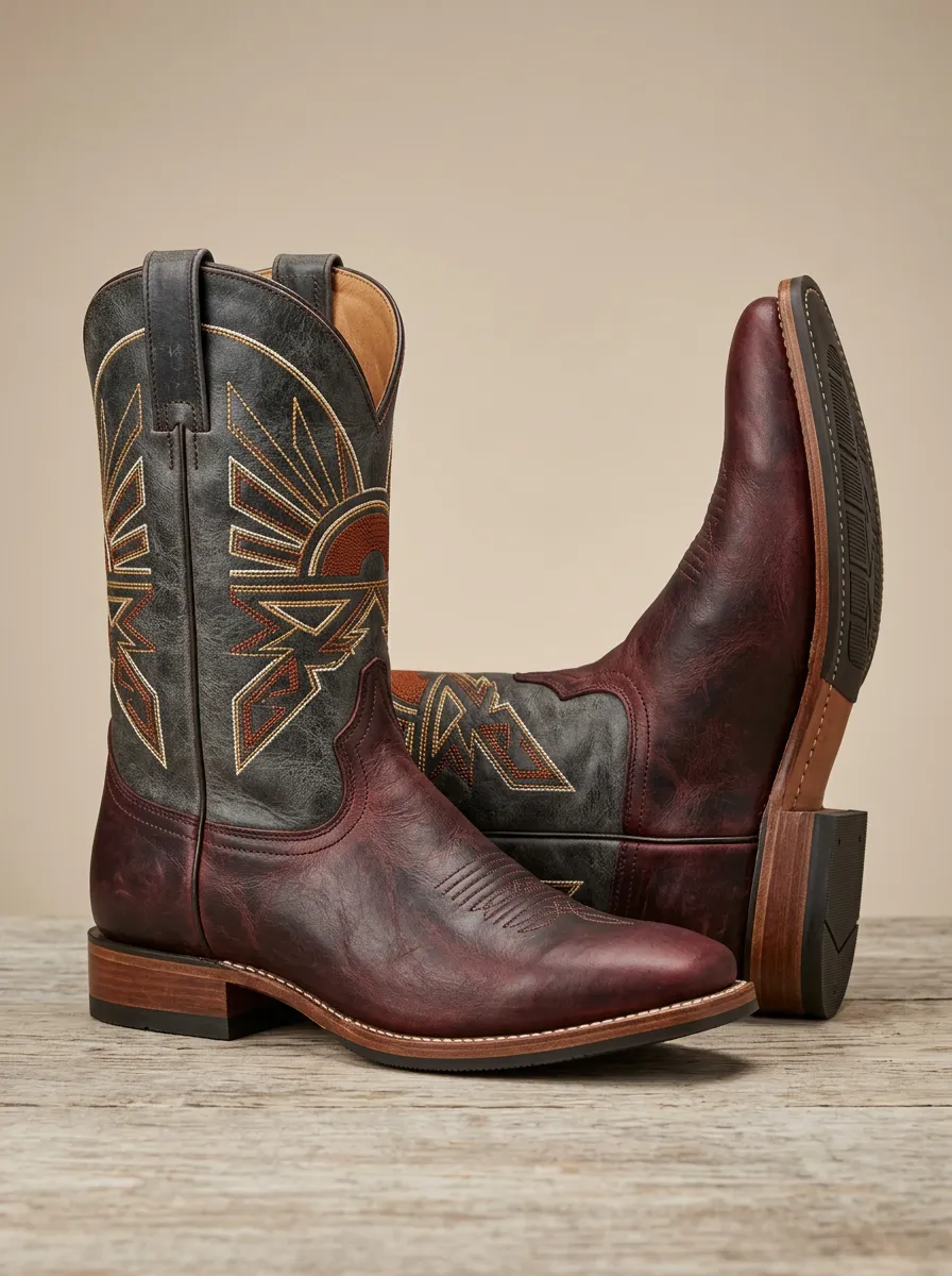 Men's Western Cowboy Sunburst Embroidered Boots