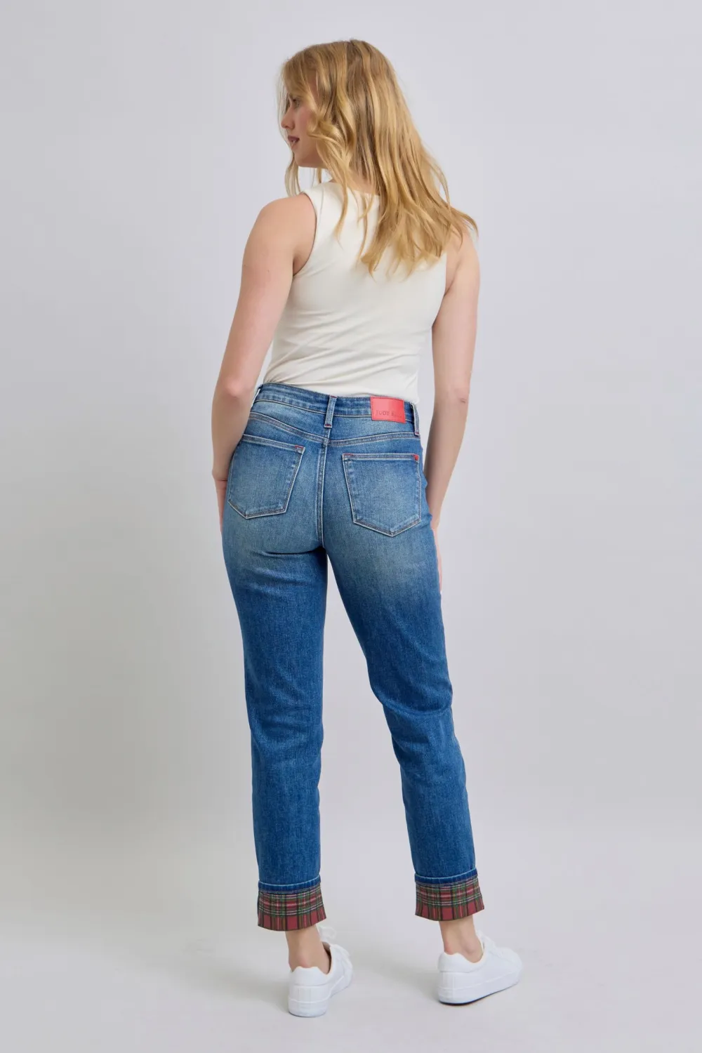 Plaid Print Cuff Straight Leg Pocket Denim Jeans