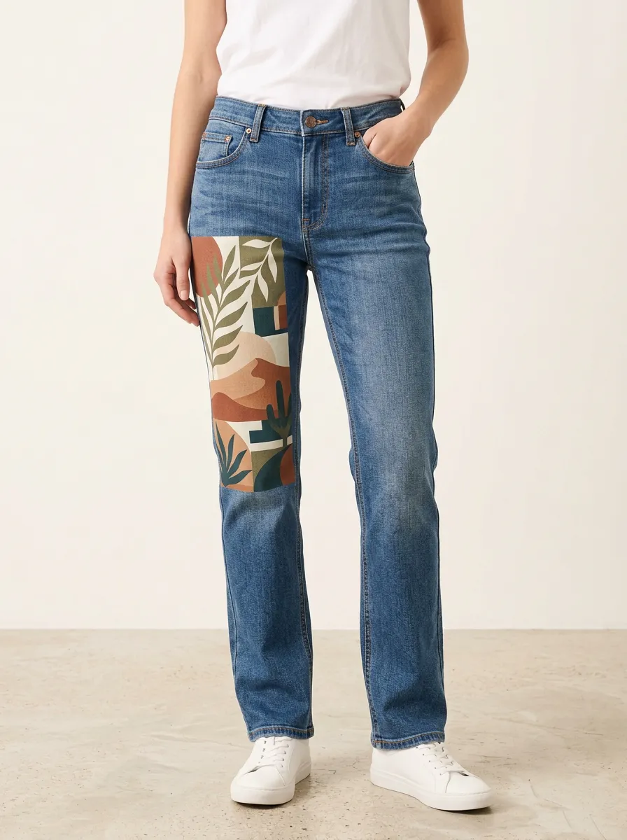 Women's Botanical Abstract Art Printed Straight Leg Jeans