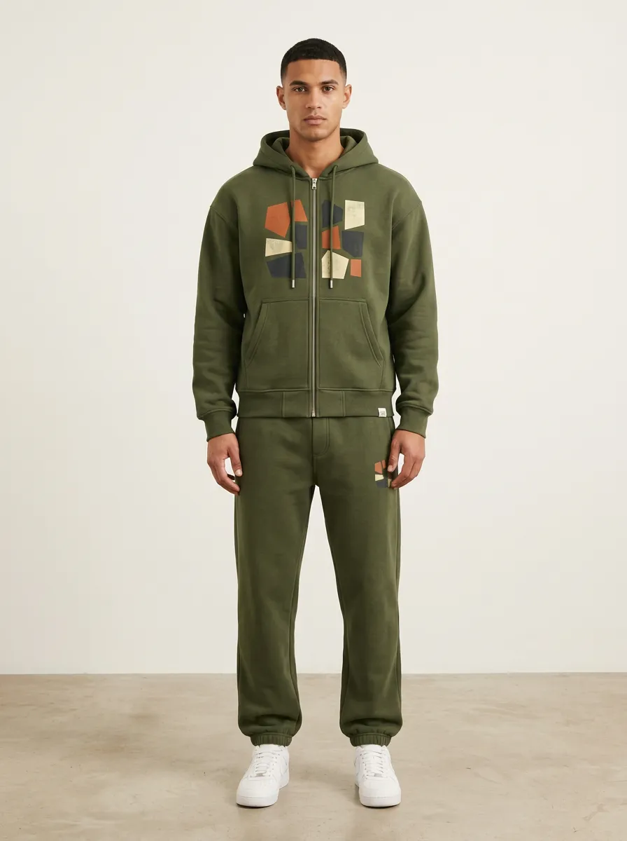 Men's Abstract Geometric Pattern Printed Hooded Tracksuit