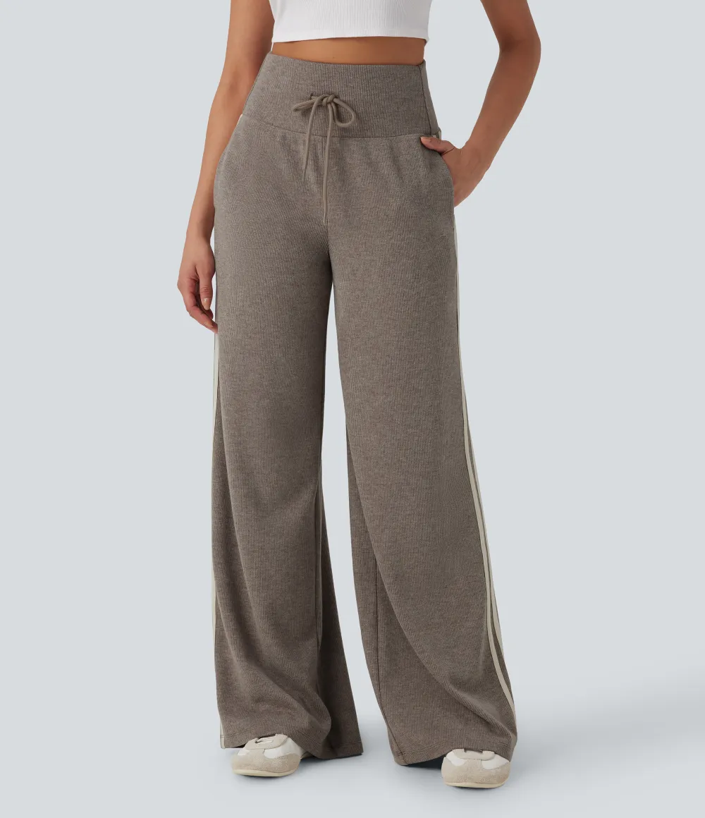 2026🔥  Ribbed SoCinched High Waisted Tummy Control Drawstring Wide Leg Color Block Casual Trousers with Pockets