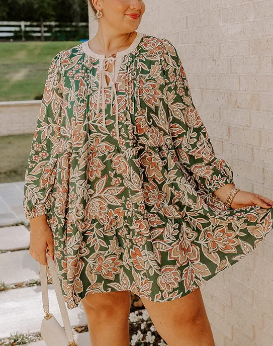 Pleated Floral V-Neck Long Sleeve Relaxed Mini Dress