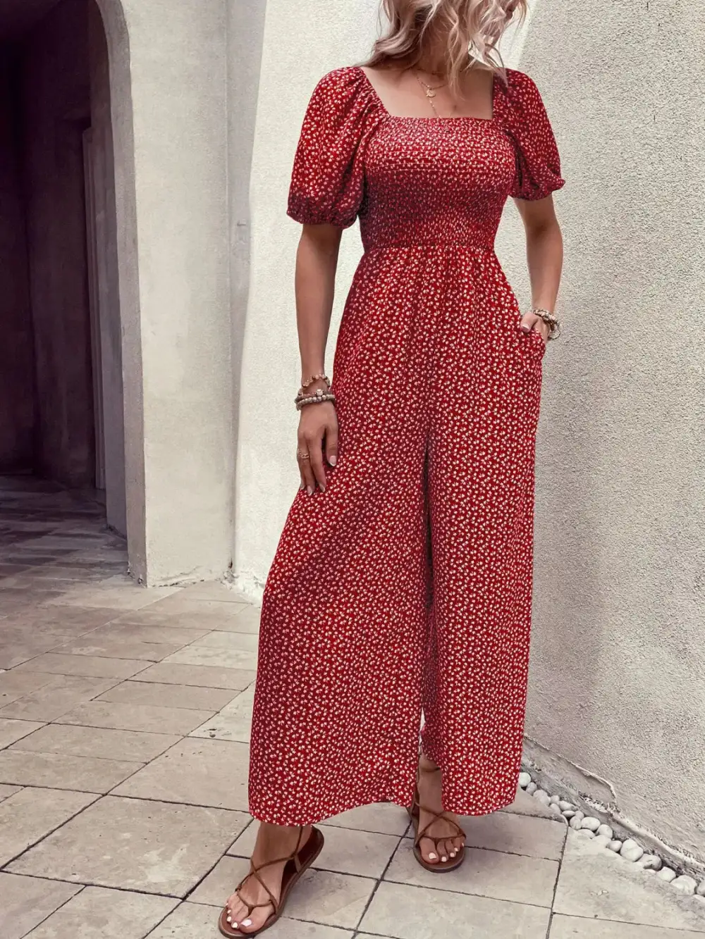 Printed Square Neck Puff Sleeve Everyday Jumpsuit