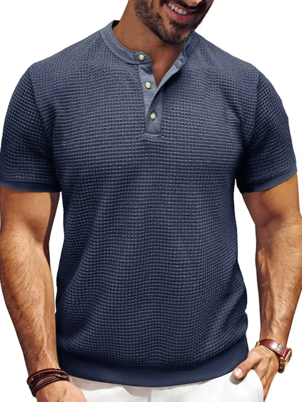 Textured Henley Short Sleeve Tee