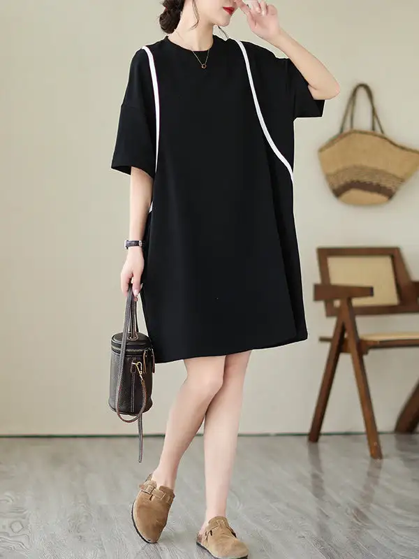 Relaxed Short Sleeve Split Joint Round Neck Mini Dress