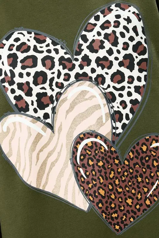 Khaki Green Leopard Print Heart Sweatshirt